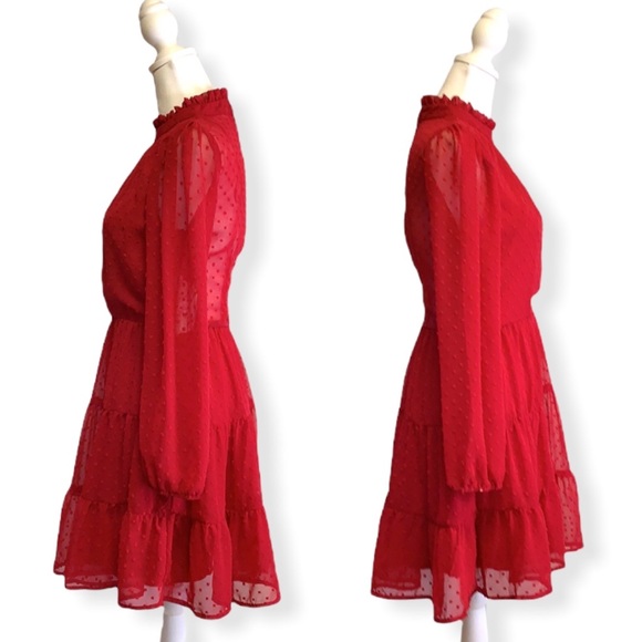 Altar’d State Rich Ruby Red Long Sleeve Tiered High Neck Swiss Dot Holiday Dress - Picture 4 of 11